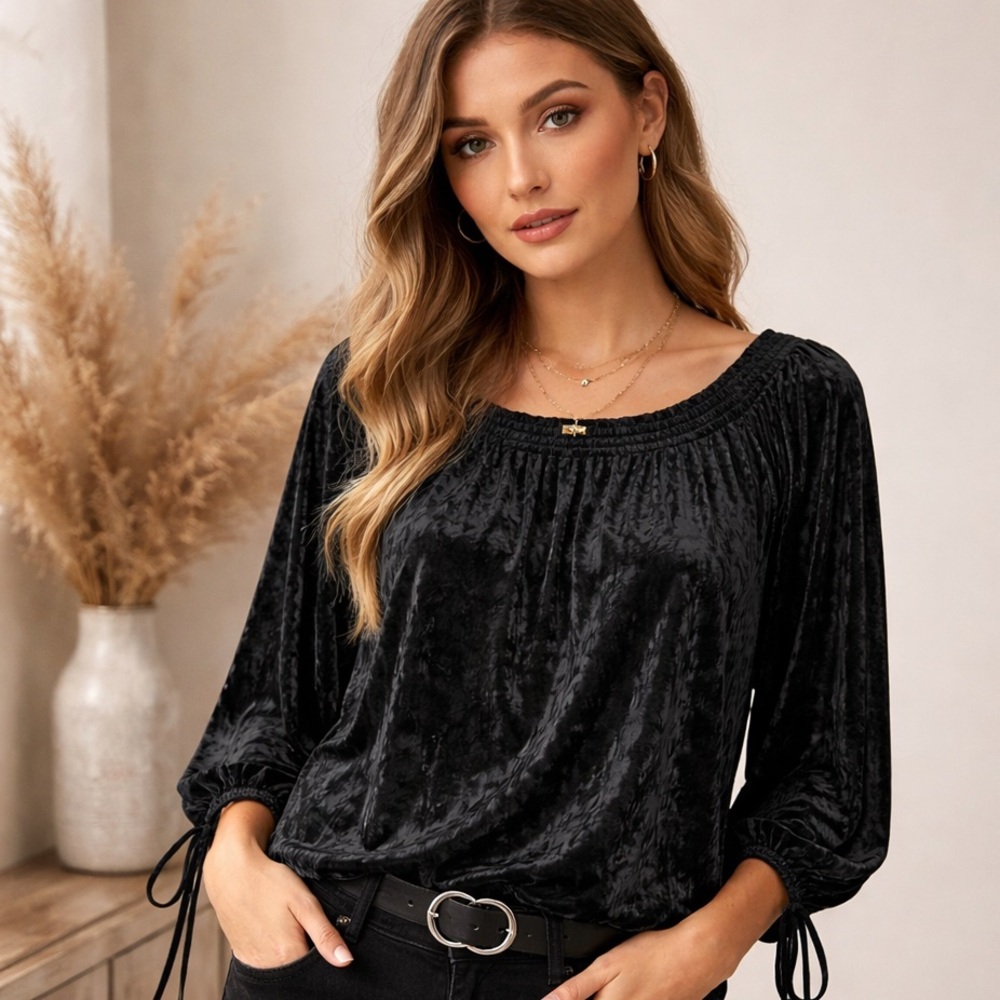 Jessica Simpson Adelia Black Crushed Velvet Whimsigoth Witchy Peasant Top Sz. 2X